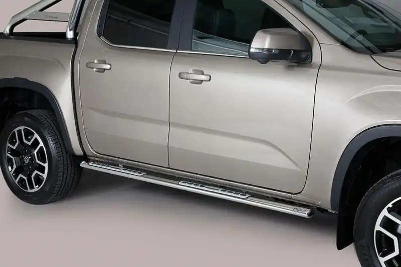 Stainless steel oval section running boards with treadplates. DSP type (double cab) for Ford Ranger  - 