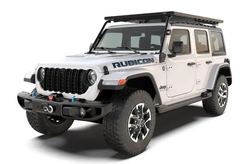 Jeep Wrangler 4xe (2021-Current)  Extreme Slimline II Roof Rack Kit - by Front Runner - Get your Jeep Wrangler 4xe ready for gear-carrying duties while driving the toughest trails or going on the most extreme adventures by fitting the reliable Slimline II Roof Rack Kit. It just bolts onto the existing chassis and roll cage mounting points. You can still quickly remove the Freedom Panels or lower the windscreen while your rack packed with extreme adventure gear stays where it is. 