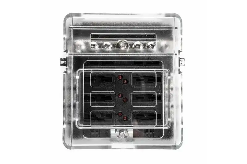 6-way 12/24V fuse holder with integrated negative rail and LED failure indicator