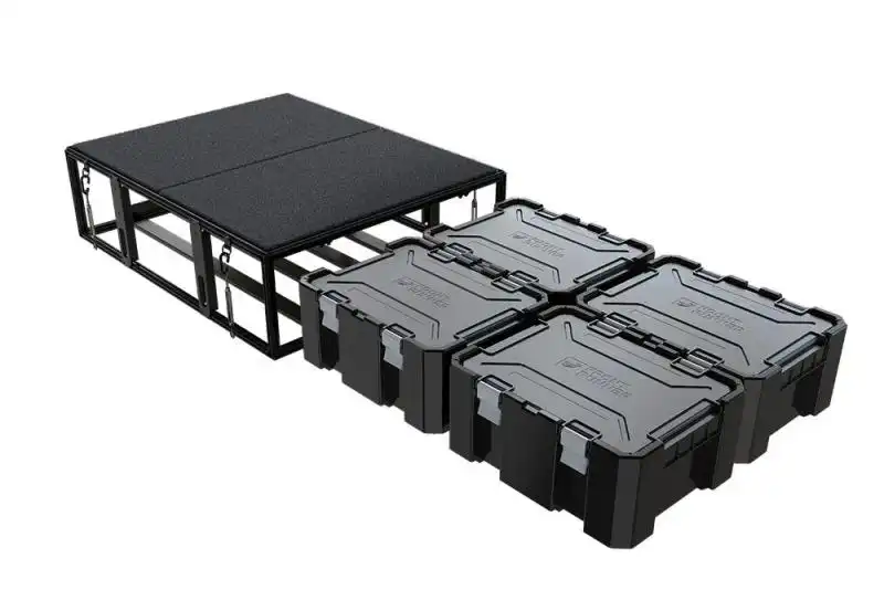 4 Wolf Pack Pro Storage System Kit / Narrow - This convenient narrow storage solution means your vehicle can cleverly store 4 Wolf Pack Pro boxes in style. Its been designed for interior vehicle use or in the covered load bed of a pick-up and takes only minutes to install, and then you can easily slide your storage boxes in and out. The carpeted deck holds up to 80kg / 176.4 lbs and is perfect for fridge/cargo slides. Includes four clip-to-close, stackable, and durable Wolf Pack Pro storage boxes.